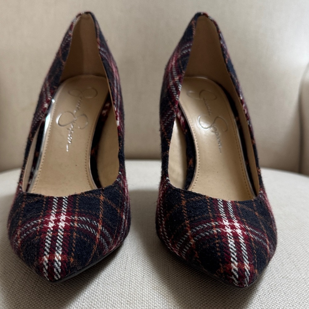 Jessica Simpson Red and Black Plaid Pointed-Toe Pumps